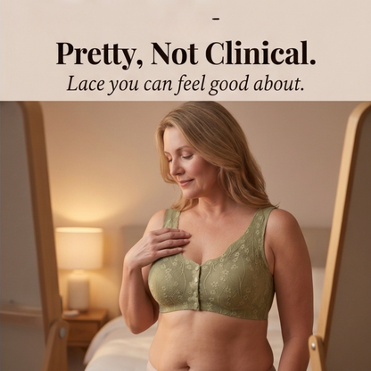Feature panel of the sage lace bra worn in a bedroom