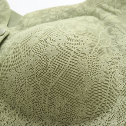 Close-up of the sage floral lace on the bra cup