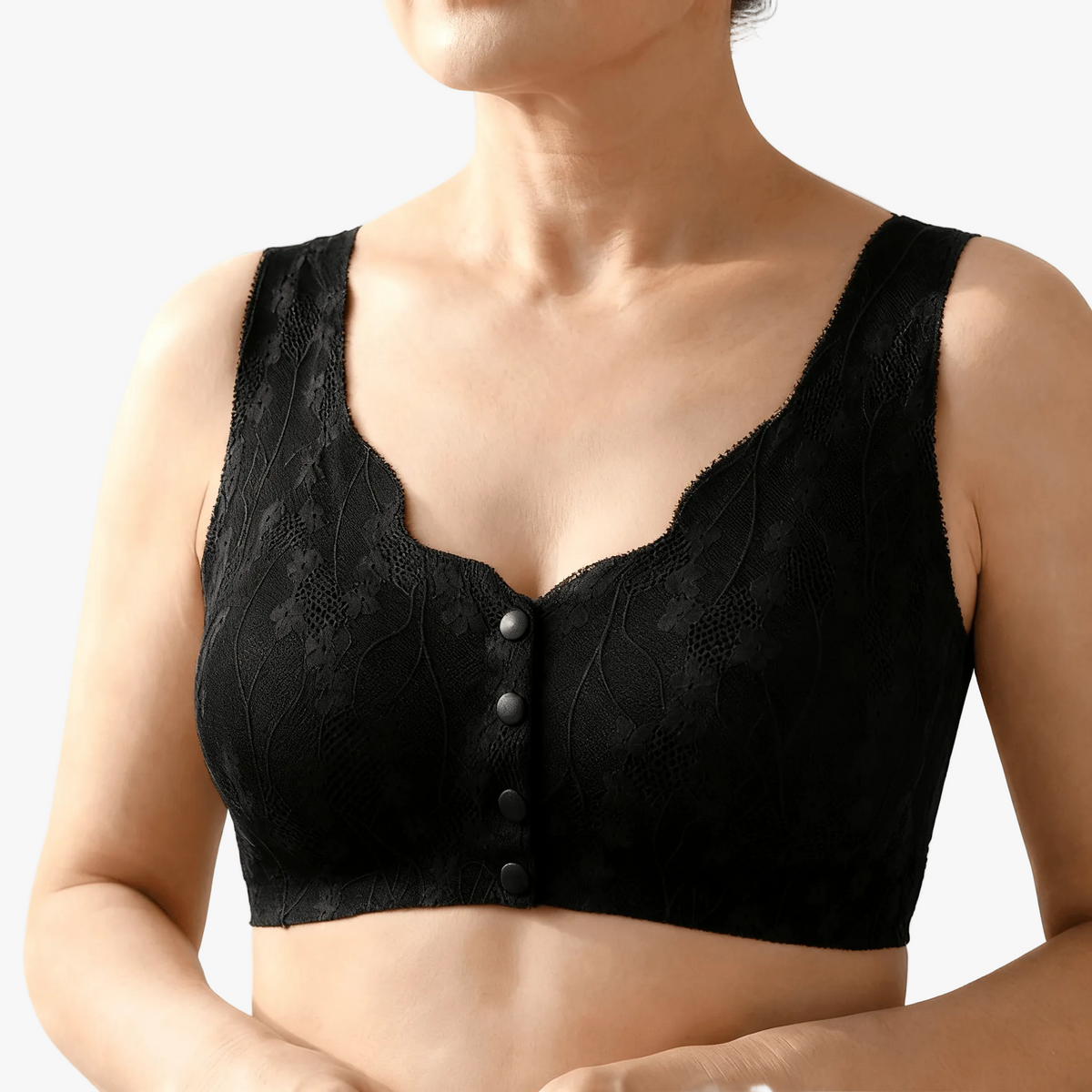 Black lace front-snap bra worn on a body