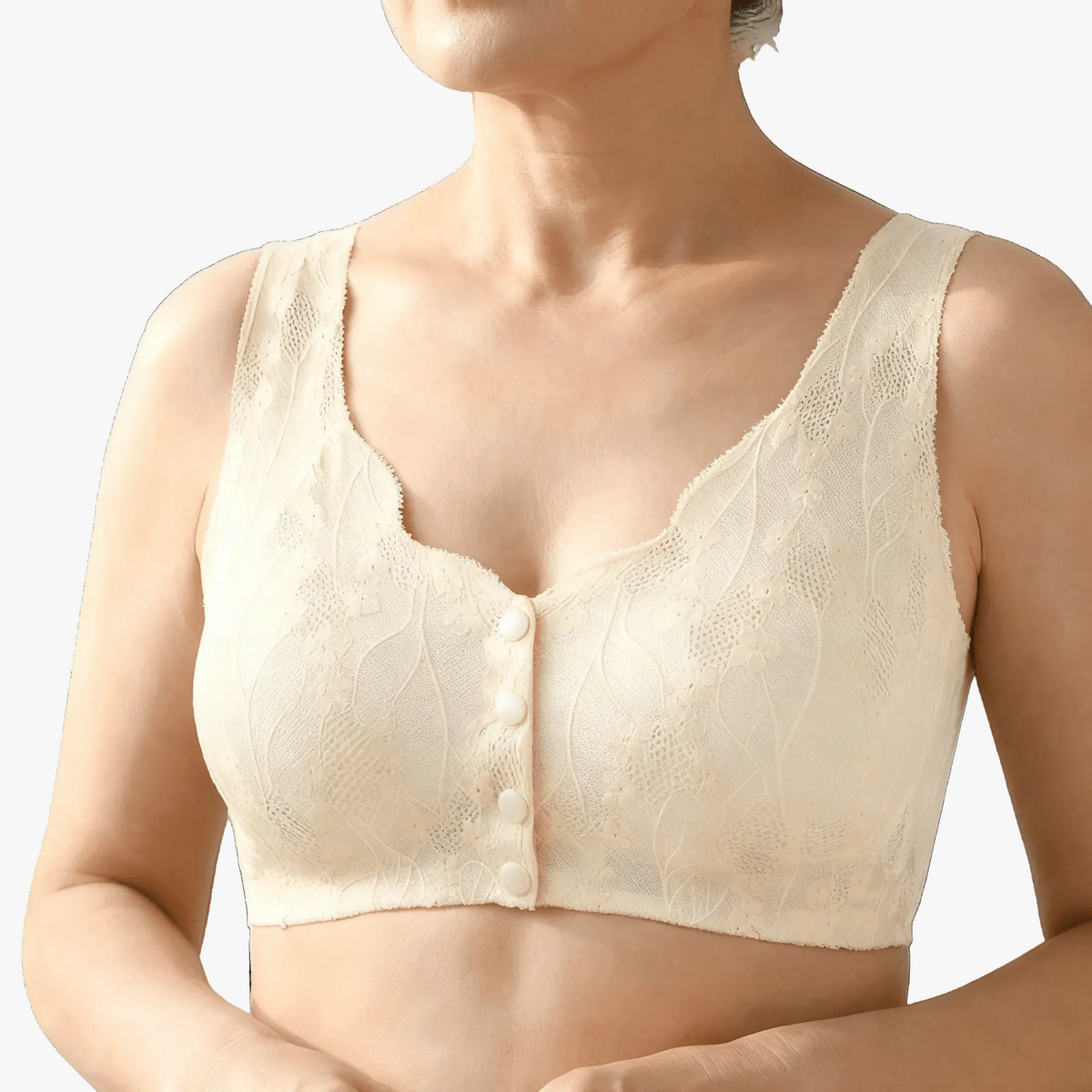Ivory lace front-snap bra worn on a body