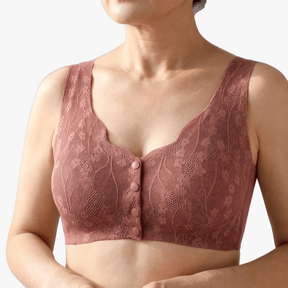Dusty rose lace front-snap bra worn on a body