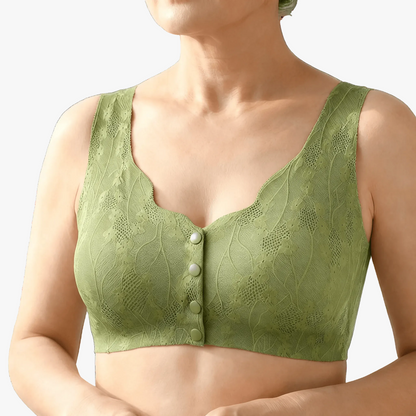 Olive lace front-snap bra worn on a body