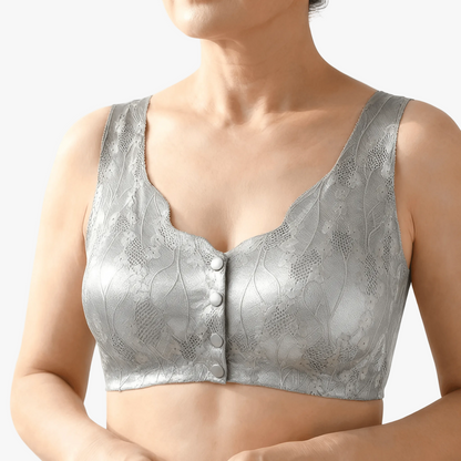 Silver lace front-snap bra worn on a body