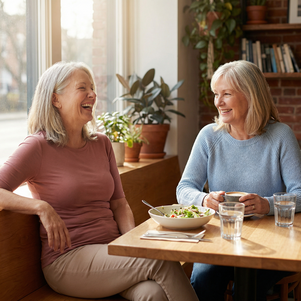 Two women talking over lunch at a sunlit table