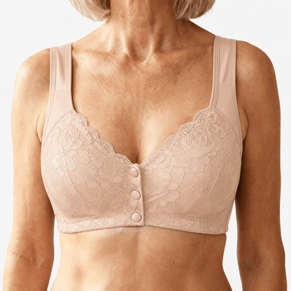 Nude lace front-snap bra with wide shoulder straps