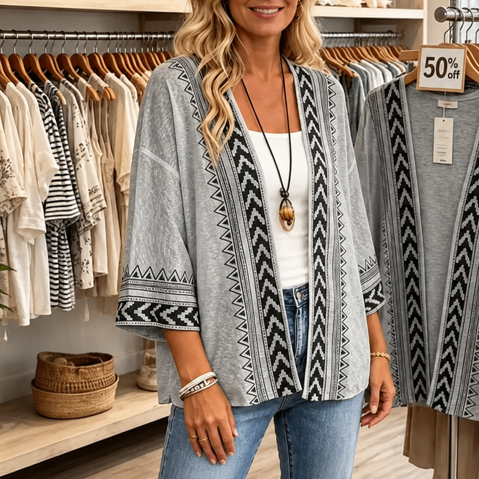 Grey open front cardigan with black geometric border panels