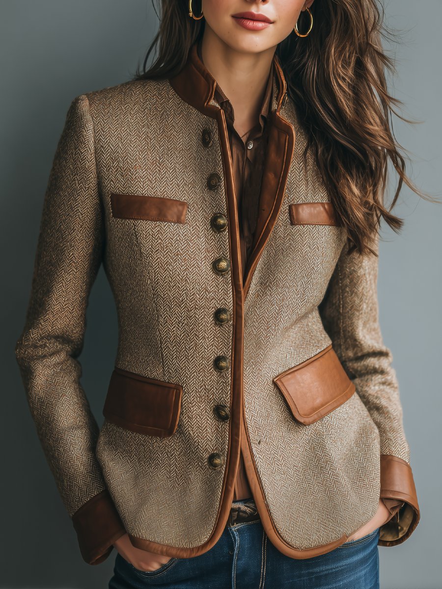 Taupe herringbone tweed jacket with leather trim and patch pockets