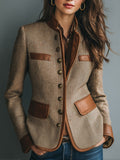 Taupe herringbone tweed jacket with leather trim and patch pockets