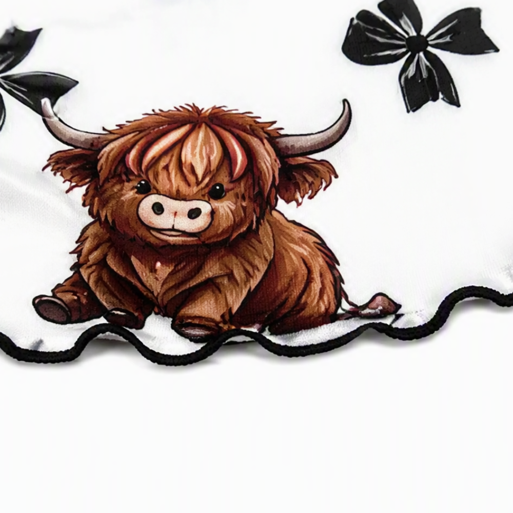 Close-up of the highland cow and bow print on white fabric