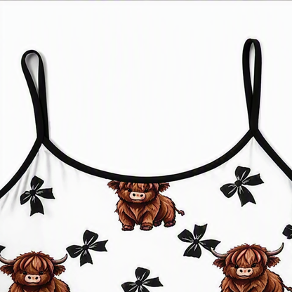 Printed cami laid flat with black straps and bound neckline