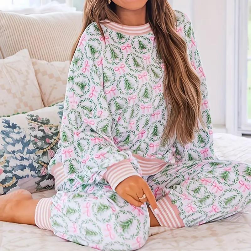 Holiday print two piece lounge set with green wreaths and pink bows