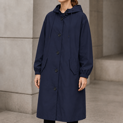 Navy hooded longline button front coat with a drawstring hood