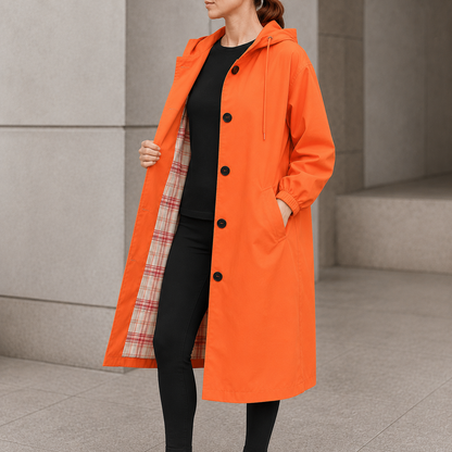 Orange hooded longline coat with a checked lining