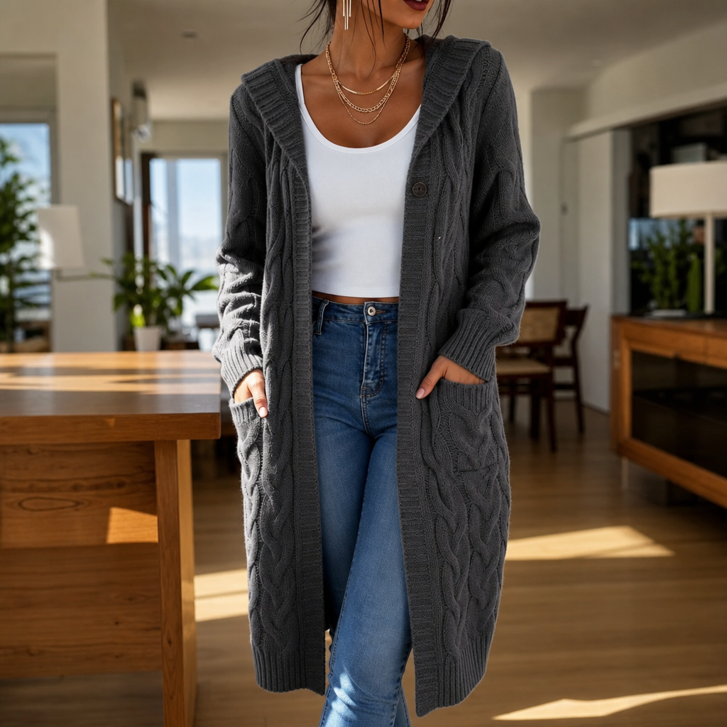 Charcoal hooded longline cable knit cardigan with patch pockets
