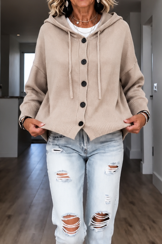 Taupe hooded ribbed knit cardigan with buttons and drawstrings