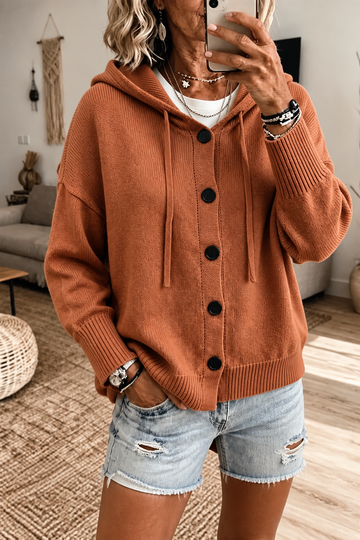 Hooded Ribbed Knit Button Cardigan