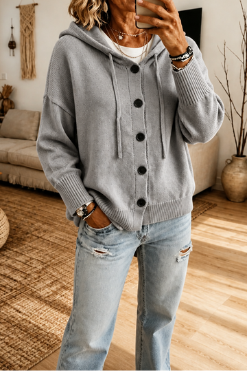 Hooded Ribbed Knit Button Cardigan