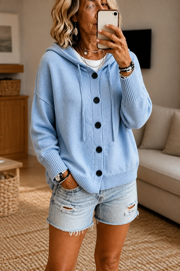 Hooded Ribbed Knit Button Cardigan