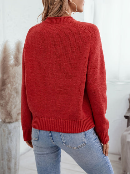 Back view of a plain red knit sweater with ribbed hem and cuffs