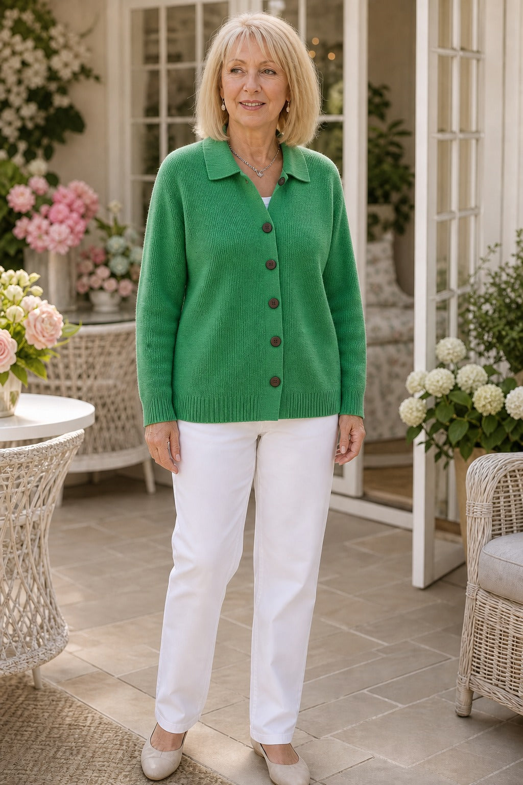 Woman on a garden terrace in a green knit collared cardigan