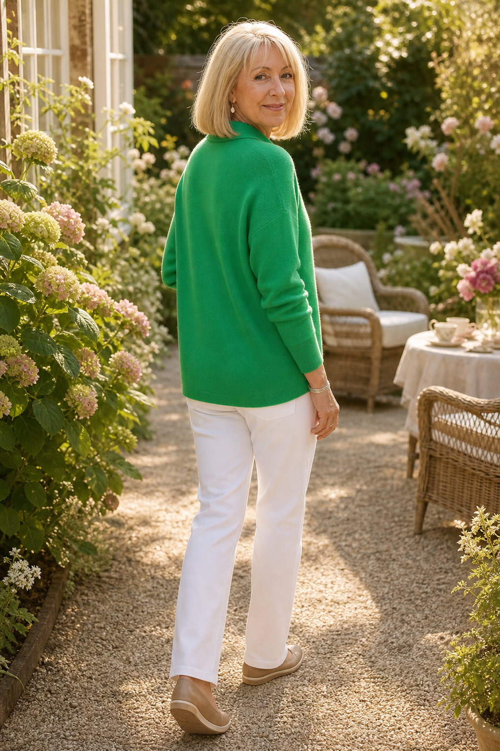 Back view of a green knit collared cardigan on a garden path