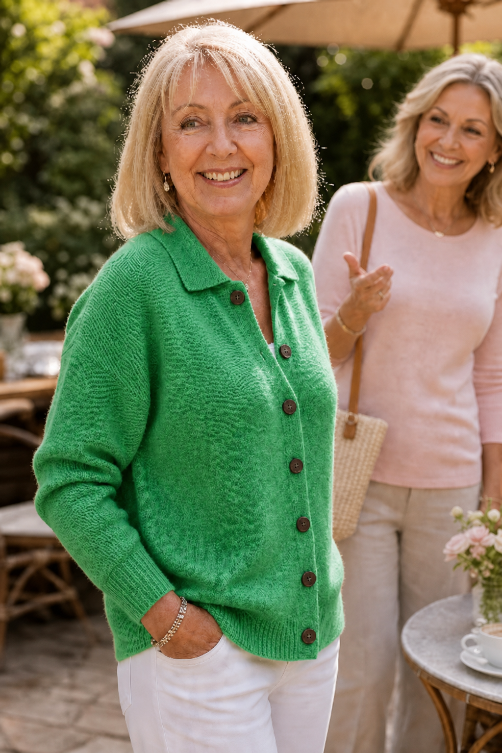 Two women in a garden, one in a green knit collared cardigan