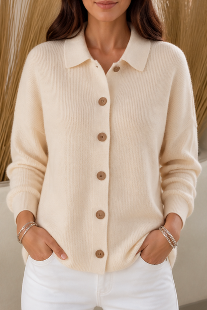 Cream knit collared button down cardigan with side pockets