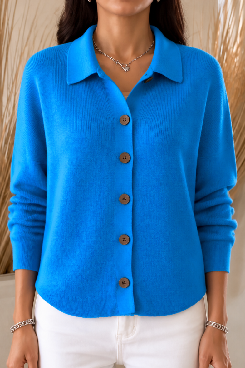 Bright blue knit collared button down cardigan