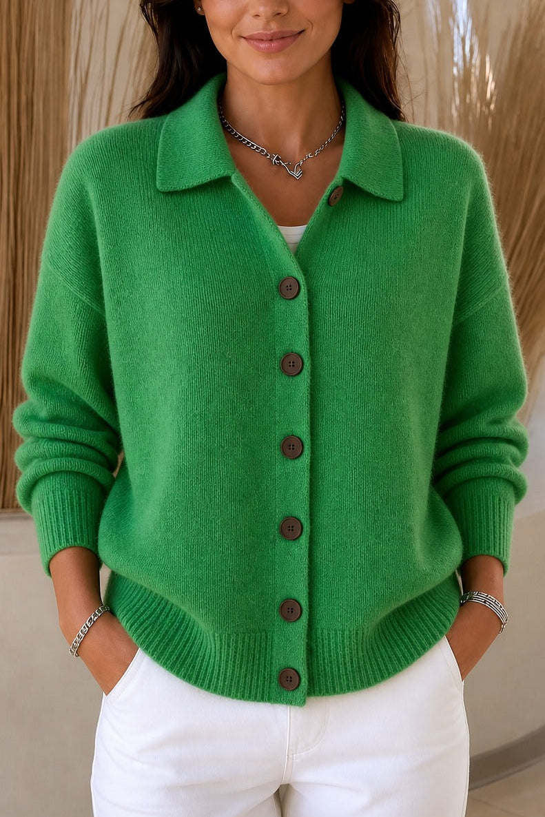 Green knit collared button down cardigan with side pockets