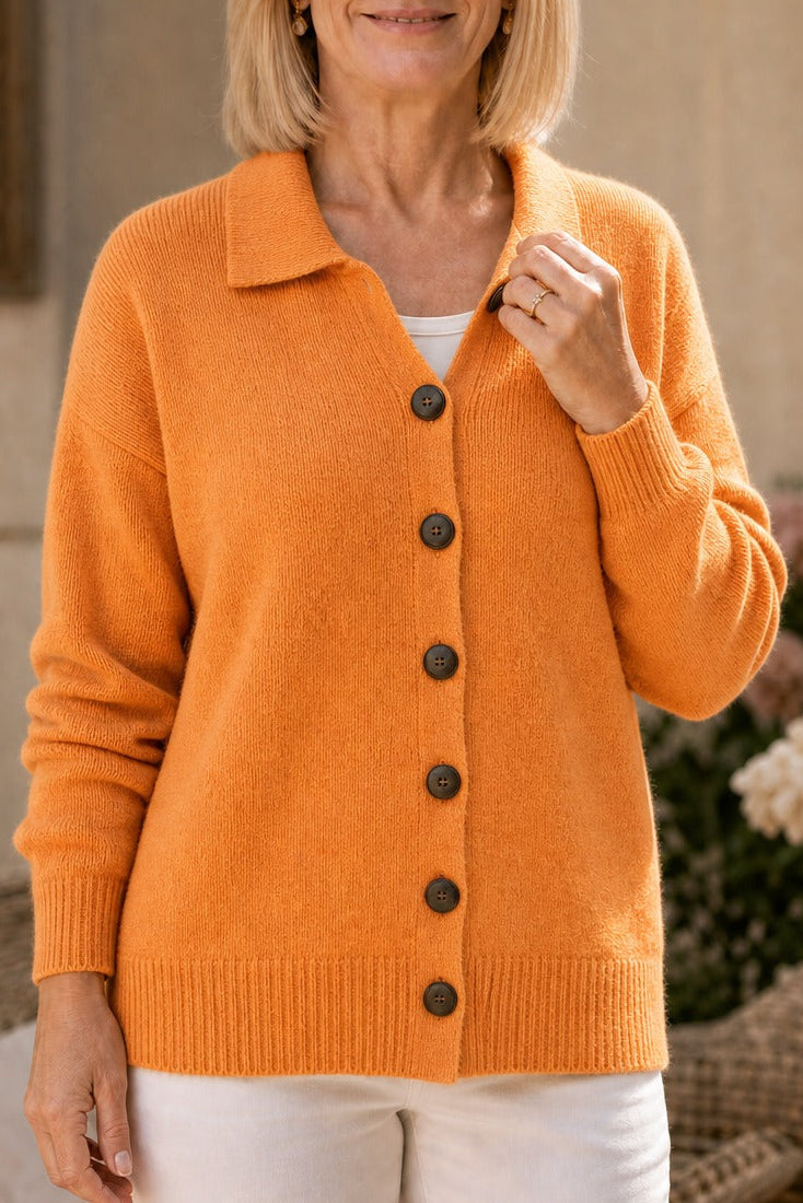 Orange knit collared button down cardigan