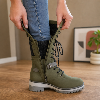 Hands opening the side zip on an olive tall winter boot