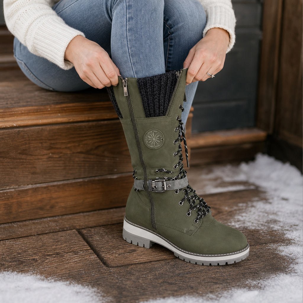 Olive knit cuff tall winter boot on a snowy doorstep