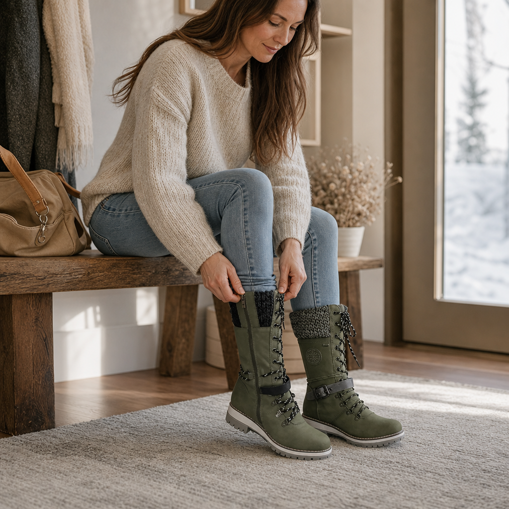 Woman pulling on olive tall winter boots on a hallway bench