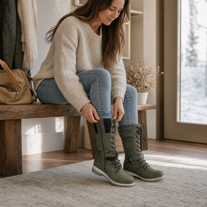 Woman pulling on olive tall winter boots on a hallway bench