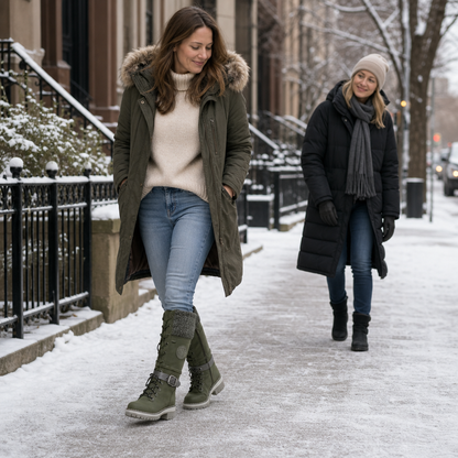Woman walking a snowy street in olive knit cuff tall boots