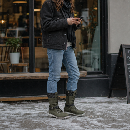 Olive knit cuff tall winter boots worn with jeans outside a cafe