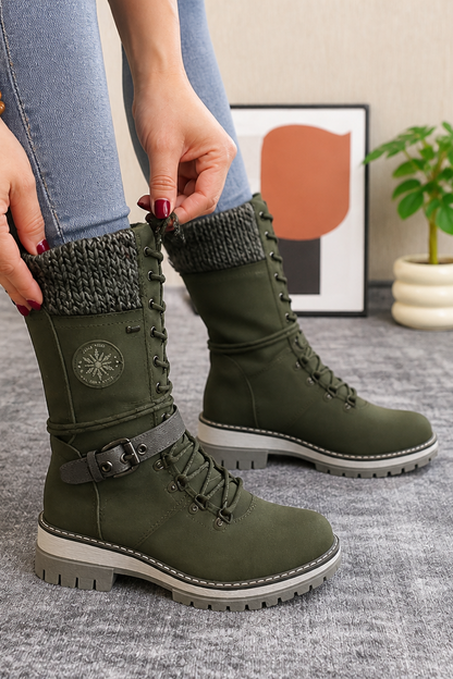 Olive tall winter boots with ribbed knit cuffs and lace fronts