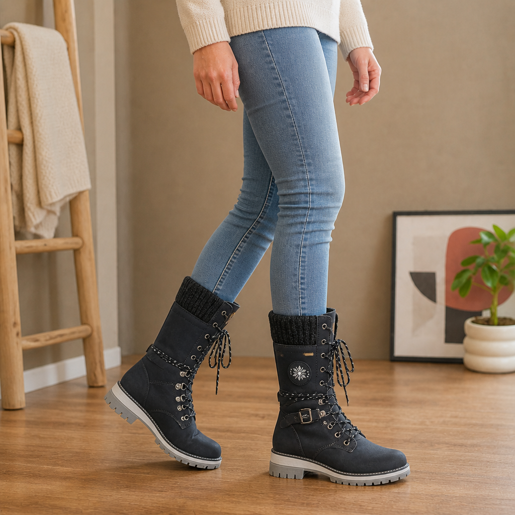 Black tall winter boots with ribbed knit cuffs and lace fronts