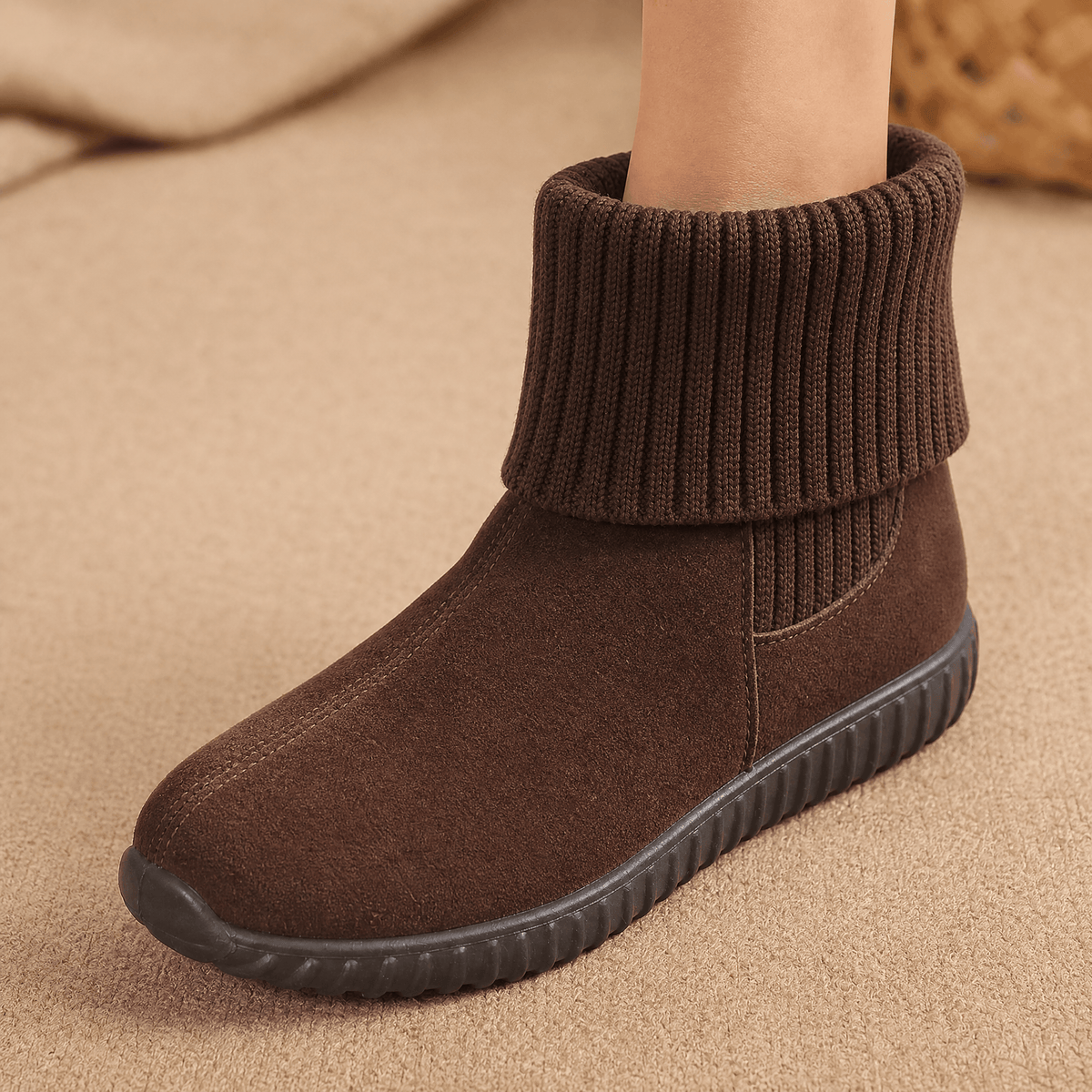 Brown suede ankle booties with a folded ribbed knit cuff