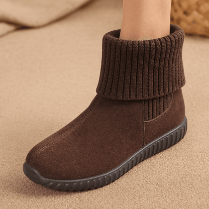 Brown suede ankle booties with a folded ribbed knit cuff