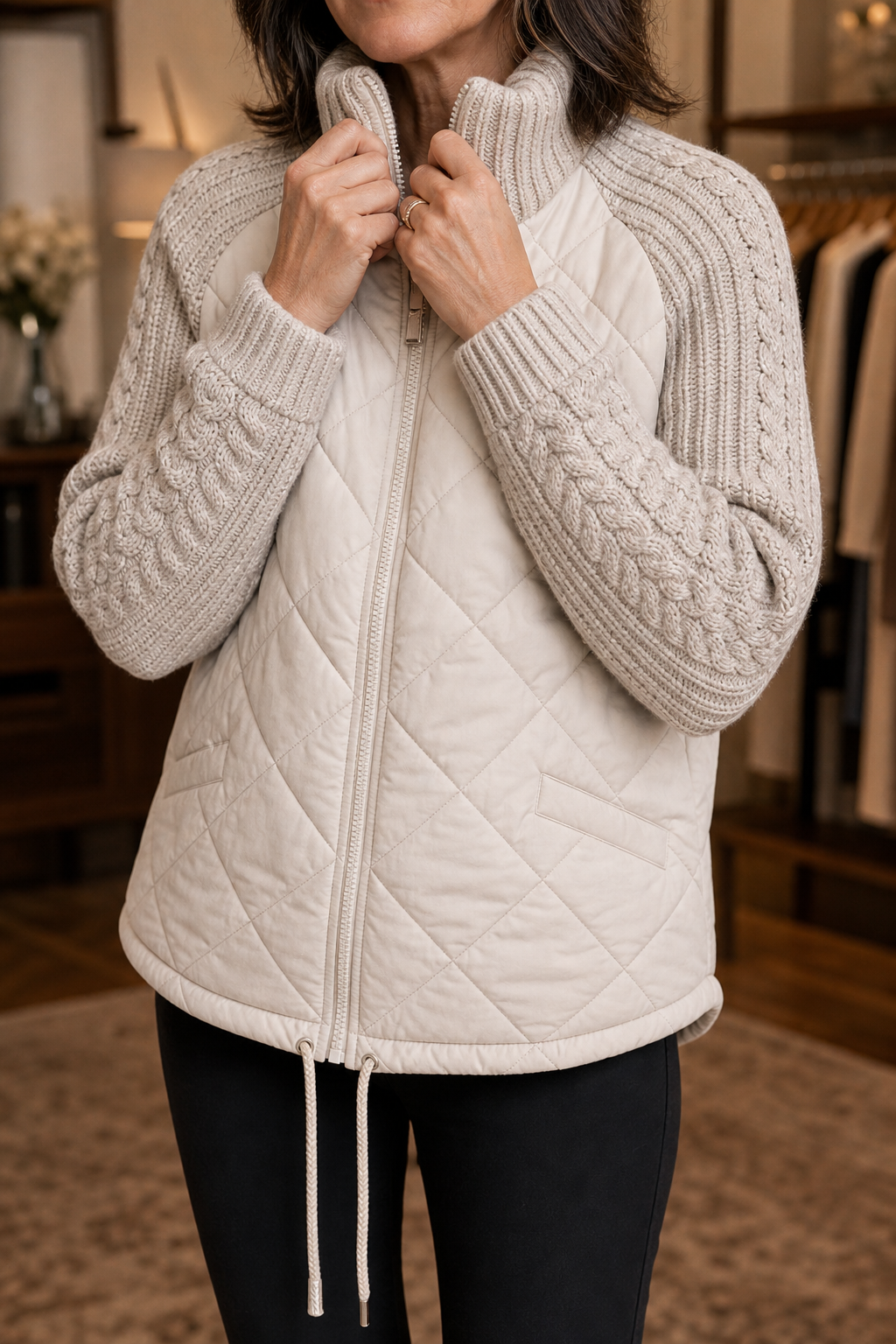 Cream quilted jacket with cable knit sleeves and a funnel neck
