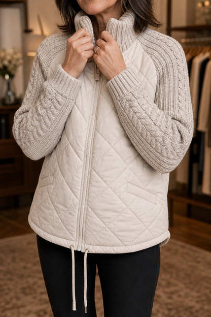 Cream quilted jacket with cable knit sleeves and a funnel neck