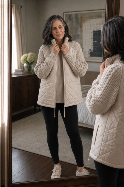 Cream quilted cable knit jacket seen in a mirror with black leggings