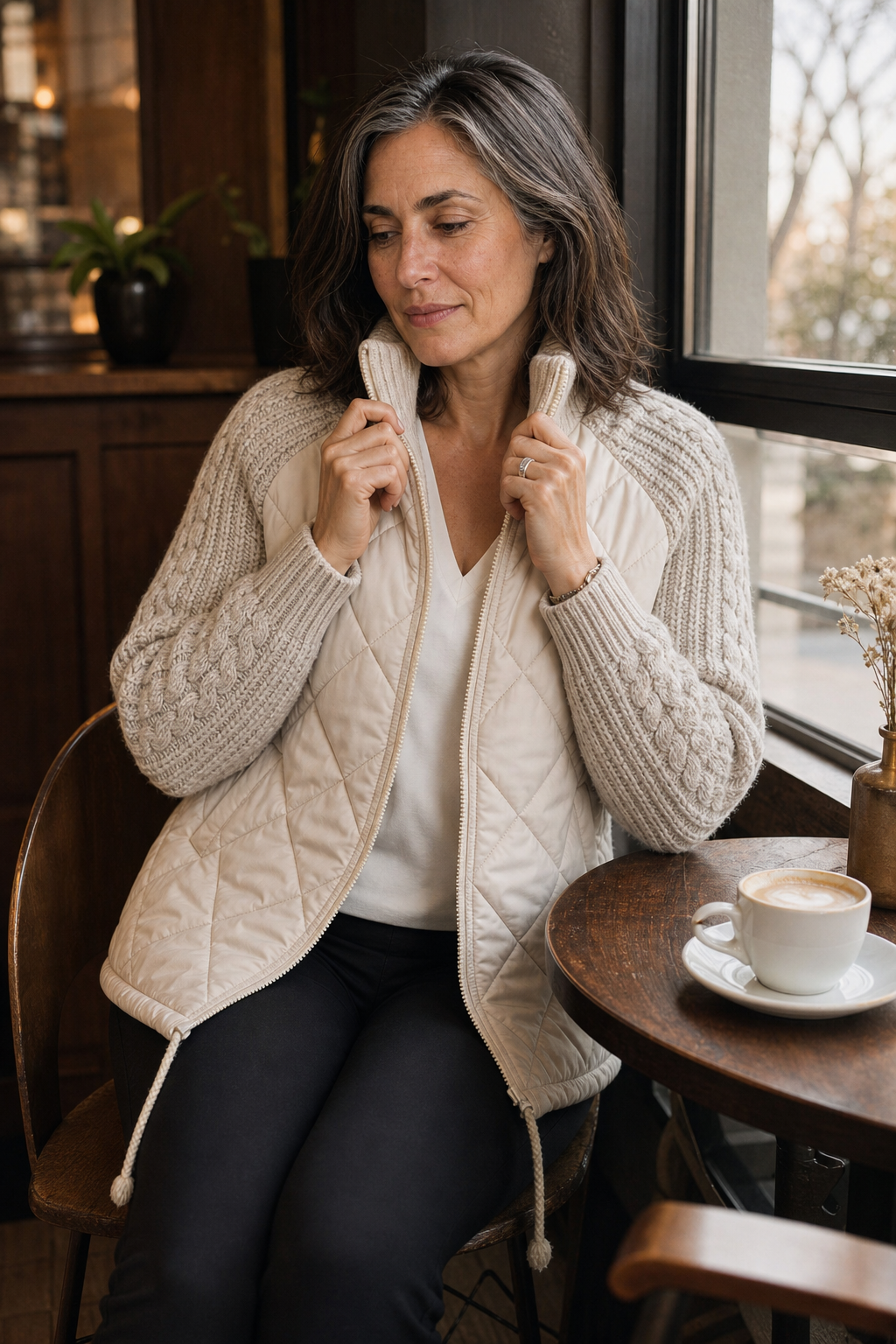 Woman seated in a cream quilted cable knit jacket by a window