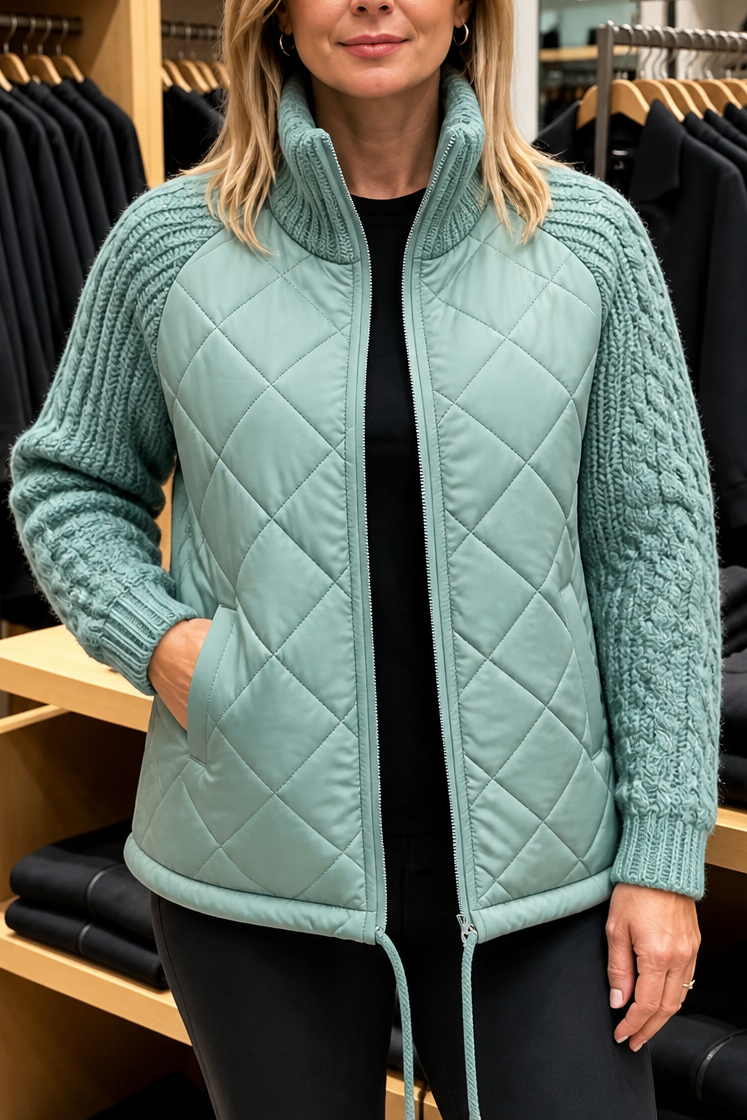 Sage green quilted jacket with cable knit sleeves and a zip front