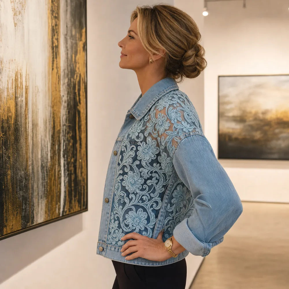 Side view of a lace patchwork denim jacket in a gallery