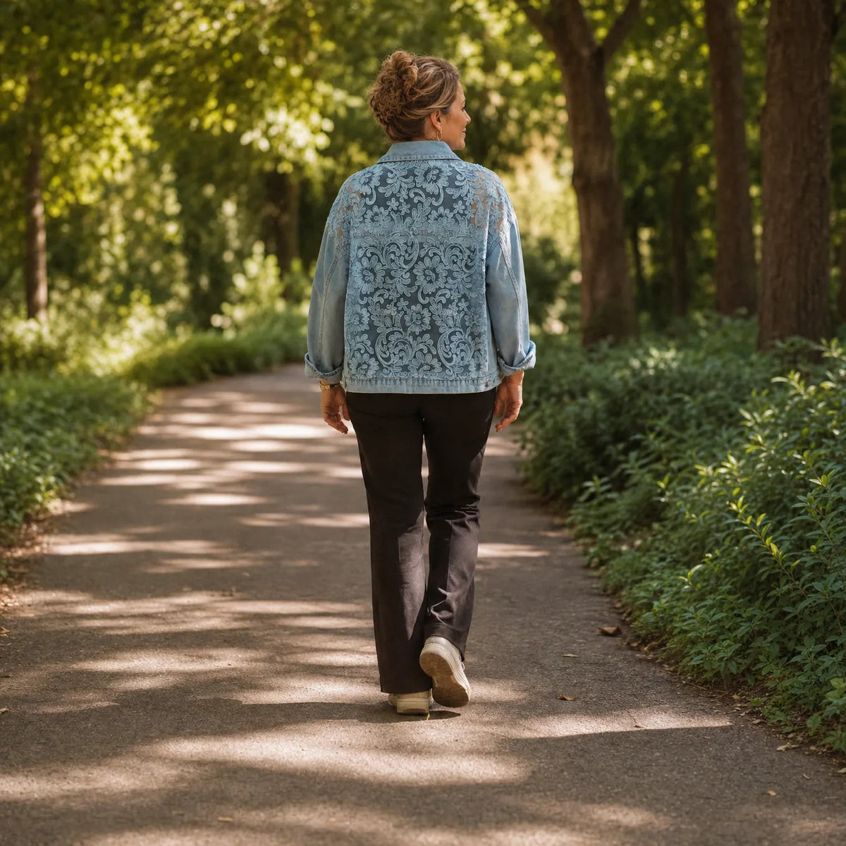 Woman walking a tree lined path in a lace patchwork denim jacket