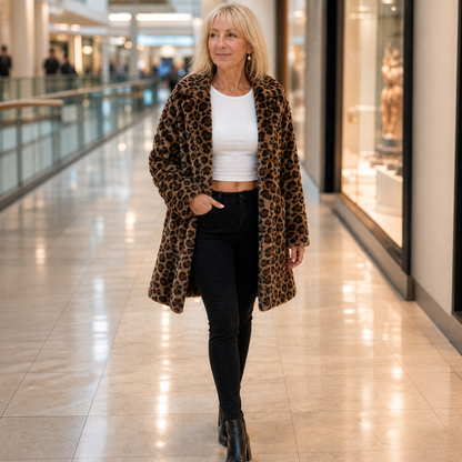 Woman walking through a mall in a leopard print faux fur coat