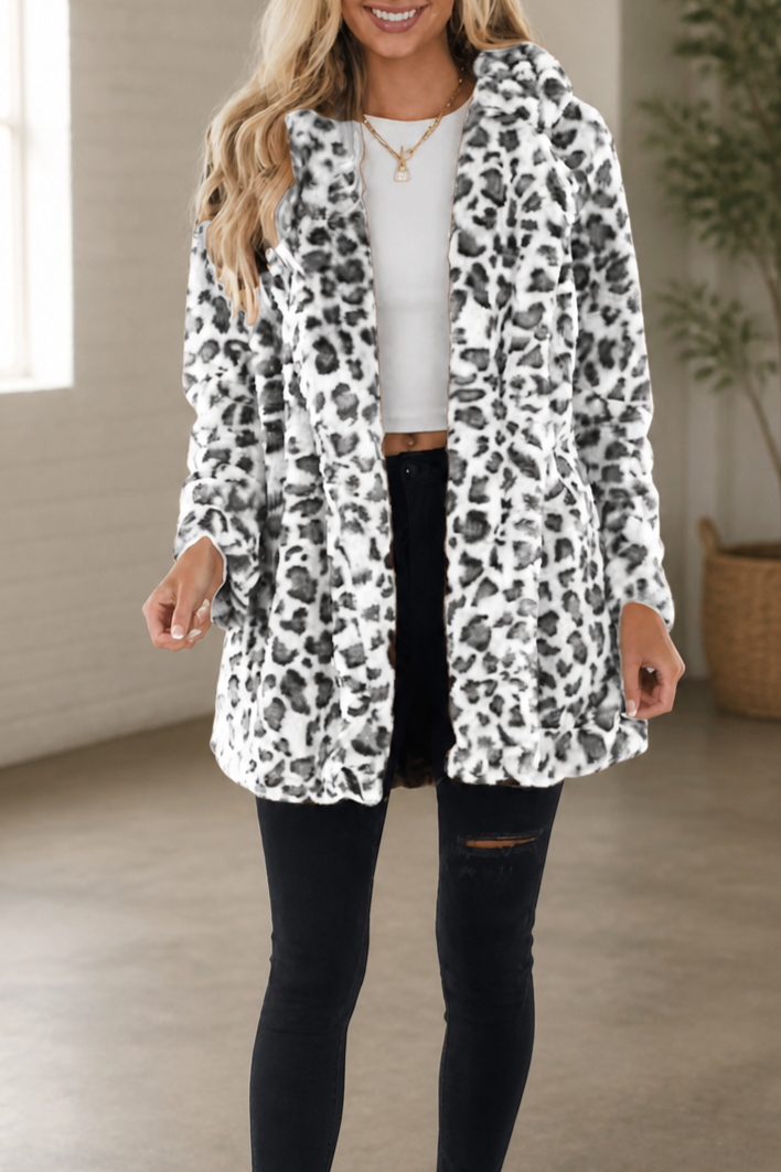 White and grey leopard print faux fur longline coat