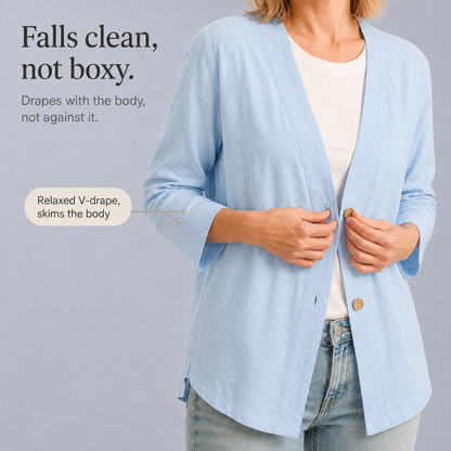 Feature panel showing the cardigan's relaxed V drape and curved hem